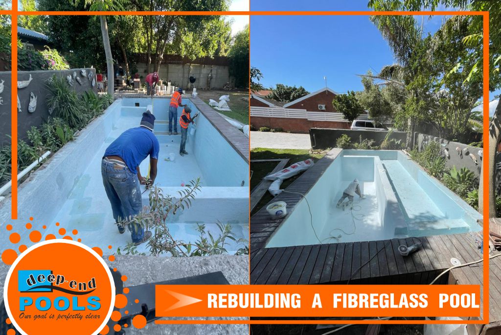 Deep-End Pools Re-Building a Natural Fish Pond Pool to Fibreglass Lining with New Stairs constructed on Main Road Paarl A natural fish pond pool on Main Road Paarl is being renovated by Deep-End Pools, Fibreglass is light blue, Deep-End Pools in Paarl is also building new stairs and lining it with light blue fiberglass.