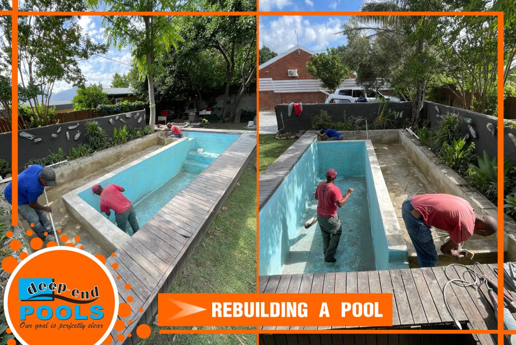 Deep-End Pools Rebuilding reconstruction a pool with Fibreglass Lining with New Stairs from Natural Fish Pond Pool on the Main Road Paarl A natural fish pond pool on Main Road Paarl is being renovated by Deep-End Pools, Fibreglass is light blue, Deep-End Pools in Paarl is also building new stairs and lining it with light blue fiberglass.