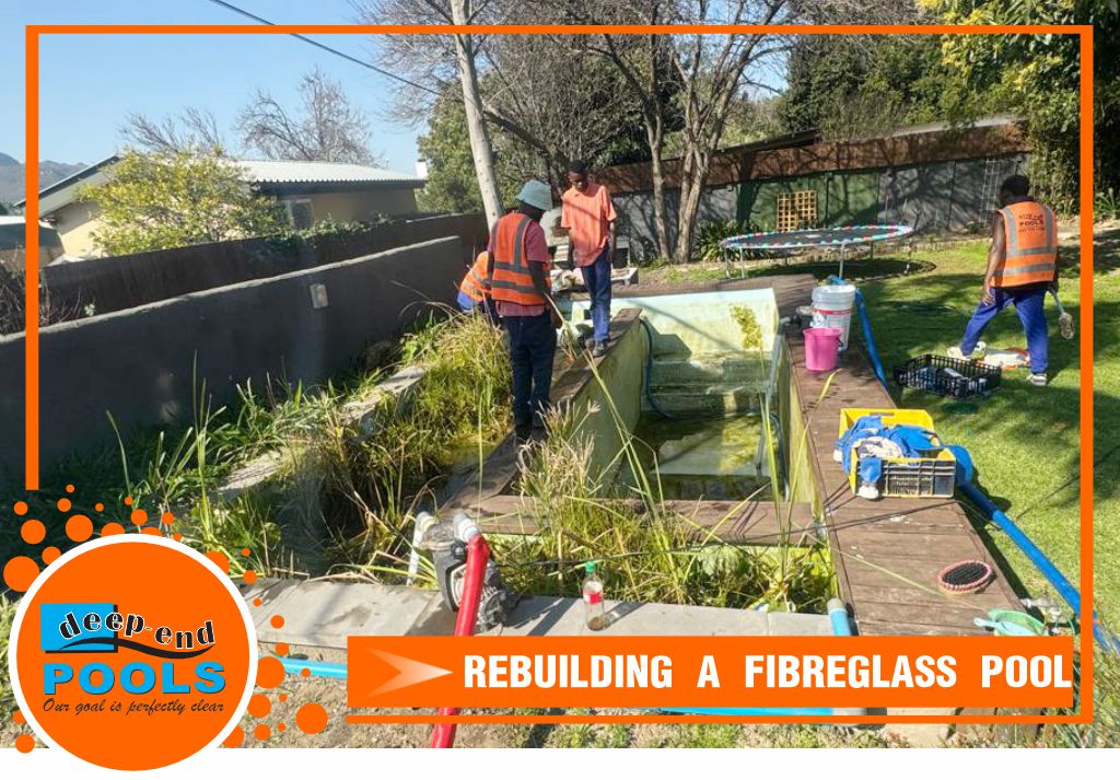 Deep-End Pools Renovating Pools from a Natural Fish Pond Pool to Fibreglass Lining with New Stairs constructed on Main Road Paarl_Before After Pools Deep-End Pools is renovating a natural fish pond pool on Main Road Paarl with new light blue fiberglass lining and contructing new stairs.
