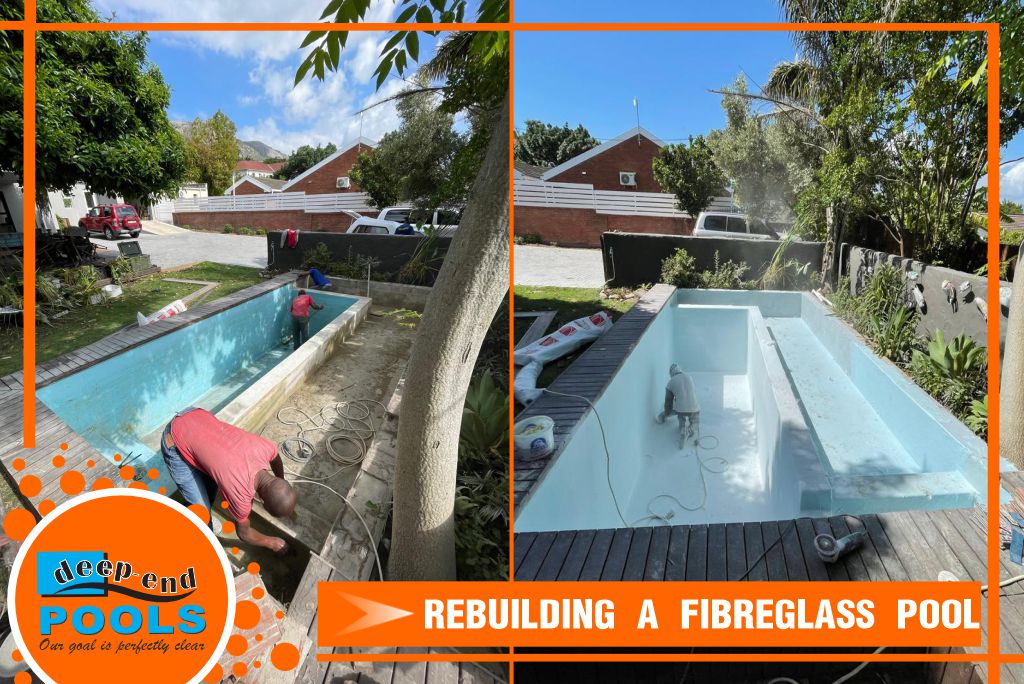 Deep-End Pools Renovating REBUILDING a Natural Fish Pond Pool to Fibreglass Lining with New Stairs constructed on Main Road Paarl Deep-End Pools is renovating a natural fish pond pool on Main Road Paarl with new light blue fiberglass lining and contructing new stairs.