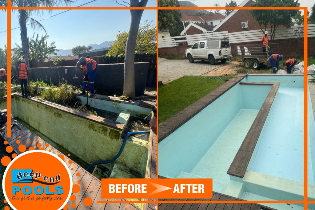 Deep-End Pools Renovating a Natural Fish Pond Pool to Fibreglass Lining with New Stairs constructed on Main Road Paarl_Before After Pools Deep-End Pools is renovating a natural fish pond pool on Main Road Paarl with new light blue fiberglass lining and contructing new stairs., Before and After photos