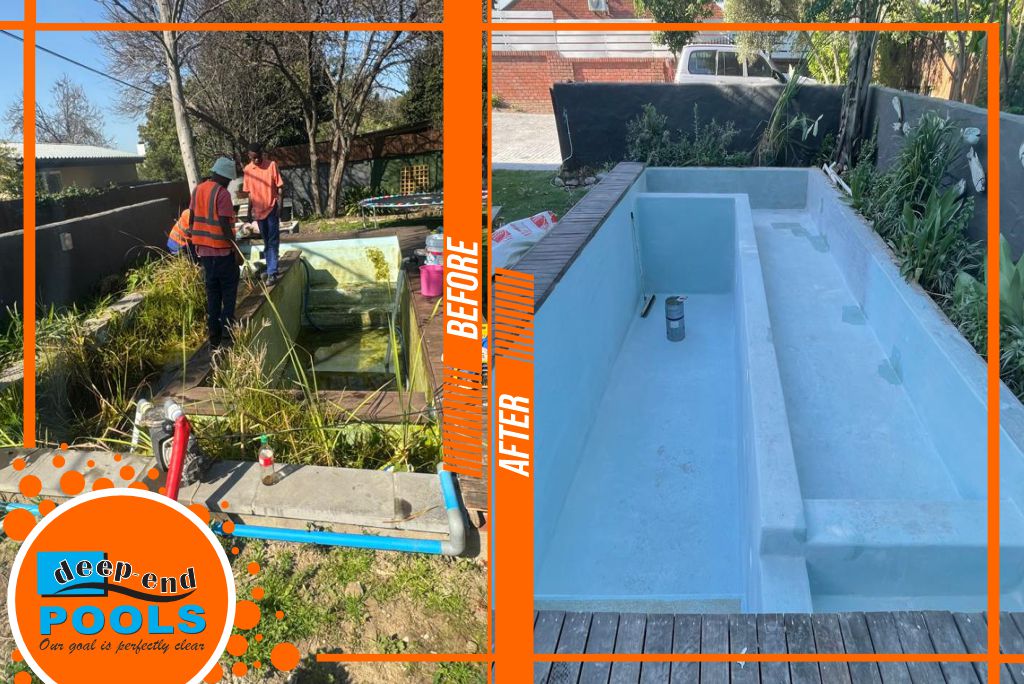 Deep-End Pools Renovating a Natural Fish Pond Pool to Fibreglass Lining with New Stairs constructed on Main Road Paarl_Before and After Pools Deep-End Pools is renovating a natural fish pond pool on Main Road Paarl with new light blue fiberglass lining and contructing new stairs., Before and After photos