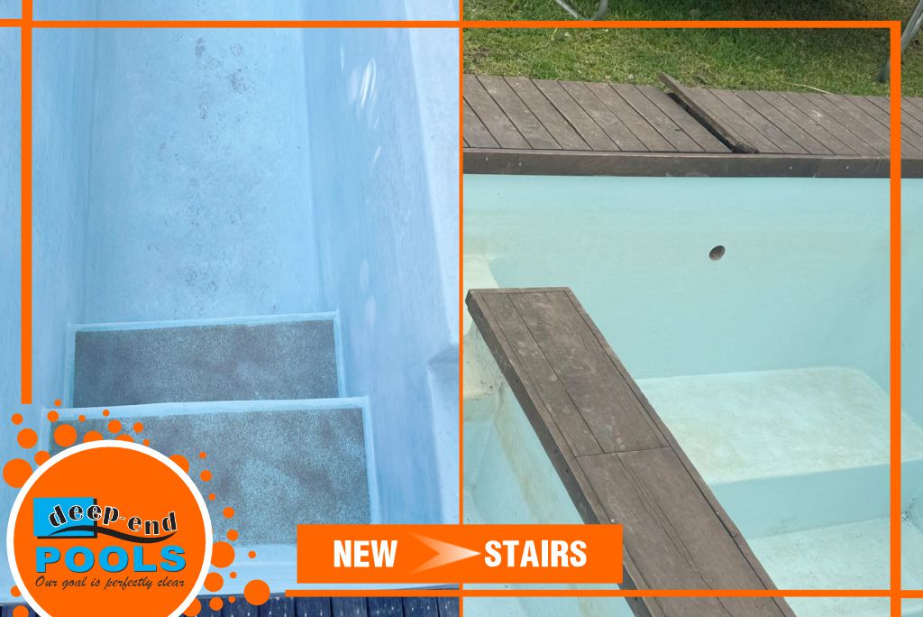 Deep-End Pools Renovating a Natural Fish Pond Pool to Fibreglass Lining with New Stairs construction on Main Road Paarl Deep-End Pools is renovating a natural fish pond pool on Main Road Paarl with new light blue fiberglass lining and contructing new stairs. Before and After photos