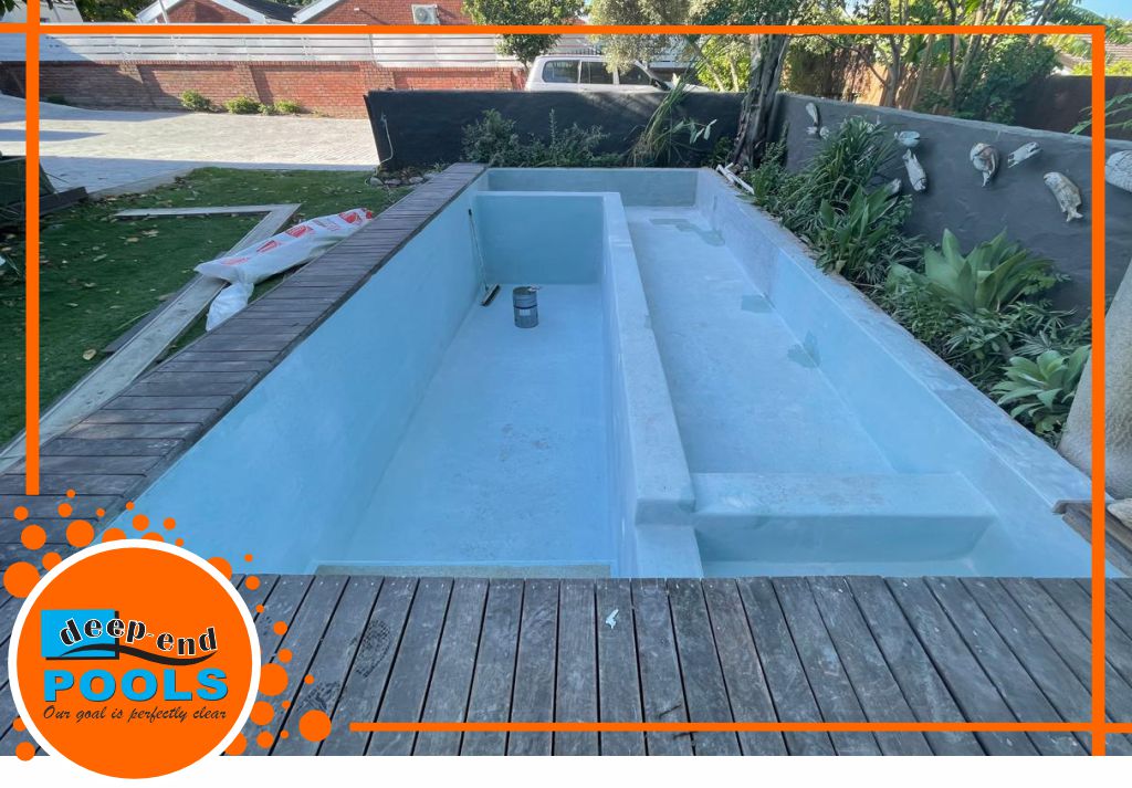 Deep-End Pools Renovating a Natural Fish Pond Pool to NEW Fibreglass Lining with New Stairs constructed on Main Road Paarl Deep-End Pools is renovating a natural fish pond pool on Main Road Paarl with new light blue fiberglass lining and contructing new stairs.