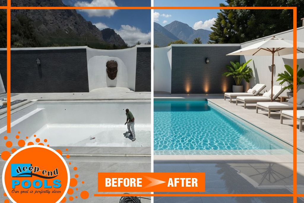 Deep-End-Pools-before-after-fibreglass-pool-for-green-valley-franschhoek 2 months → 82 500 L → endless summer vibes ☀️ We built this stunner Luxuary Pool in Franschhoek! Fibreglass = crystal clear + zero stress Tag your pool-dreaming friend! 💙 #DeepEndPools #FibreglassPoolSA #FranschhoekLiving” Deep End Pools services Franschhoek & Paarl, Cape Winelands, South Africa.