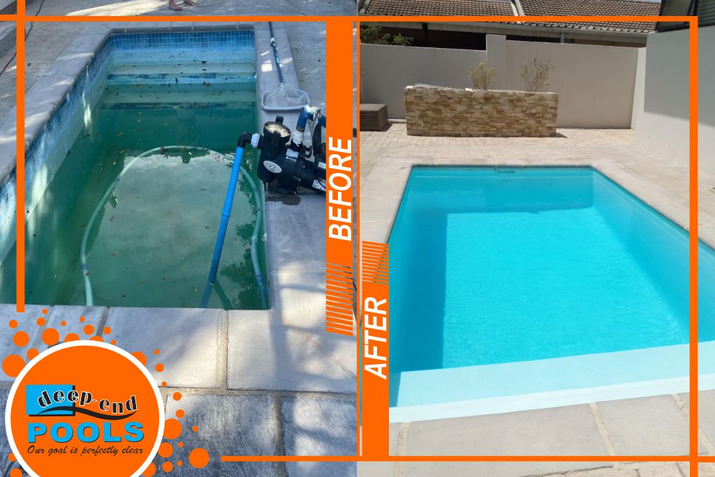 deep-end-pools-before-after-white-fibreglass-pool-resurfacing-during-construction Before image of the old turquoise swimming pool at Da Vinci Street, Berg En Dal, Wellington, prior to fiberglass renovation by Deep End Pools. These two images now work perfectly as a strong before & after pair highlighting the dramatic transformation—especially the removal of the bulky pump setup and the upgrade from murky green water to a clean, bright white fiberglass pool.