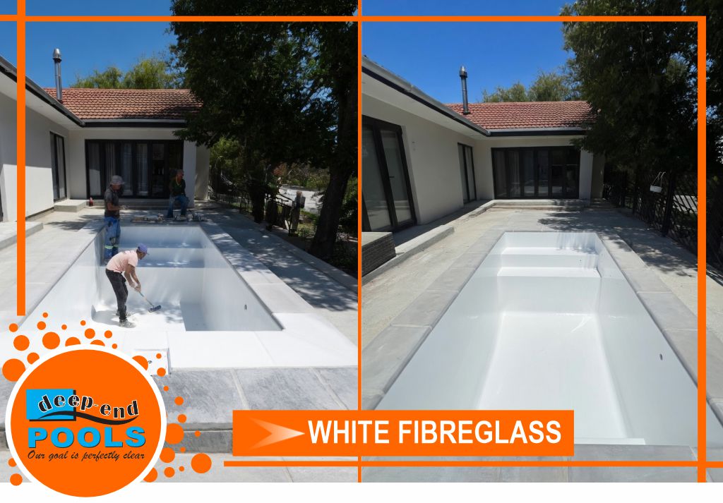 deep-end-pools-white-fibreglass-pool-resurfacing-during-construction Deep End Pools in the the Cape Winelands are applying high-quality fibreglass lining during the pool renovation project in Da Vinci Street, Berg En Dal, Wellington in the Western Cape South Africa