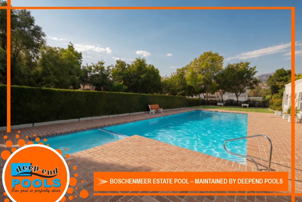 Boschenmeer Estate Pool Professional Maintenance by Deepend Pools in Paarl Cape Winelands Clean, modern view of the sparkling swimming pool at Boschenmeer Estate in the Cape Winelands, with pristine surroundings and crystal clear water maintained by Deepend Pools