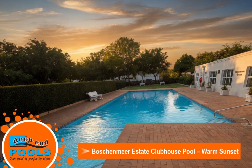 Commecial-Pools-maintained-by-Deep-End-Pools-Boschenmeer-Estate-Clubhouse-Pool-Warm-Sunset Beautiful warm sunset view of the pristine clubhouse swimming pool at Boschenmeer Estate with clean dry brick paving and crystal clear water, professionally maintained by Deepend Pools, Paarl Cape Winelands