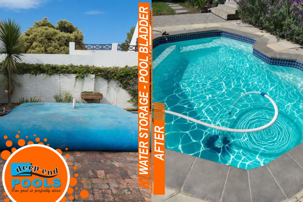 Deep End Pools Refibreglassing Franschhoek Pool Bladder Water Storage – Before & After Before and after view of fibreglass pool renovation in Franschhoek showing temporary pool bladder for water storage and the final crystal clear swimming pool after completion by Deepend Pools