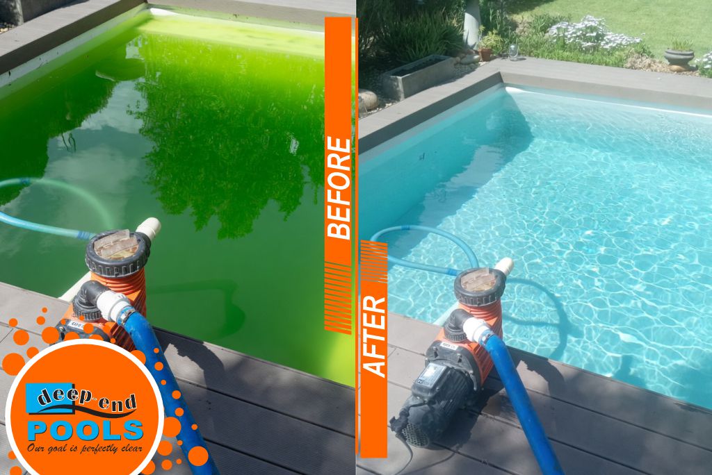 Deep-End-Pools-specialized-fiberglass-repair-heavy-algae-before-val-de-vie Heavy green algae buildup in neglected fiberglass pool before & After restoration – Val de Vie, Paarl Professional pool renovation by Best Pool Builders in Paarl, Deep End Pools in the Cape Winelands.
