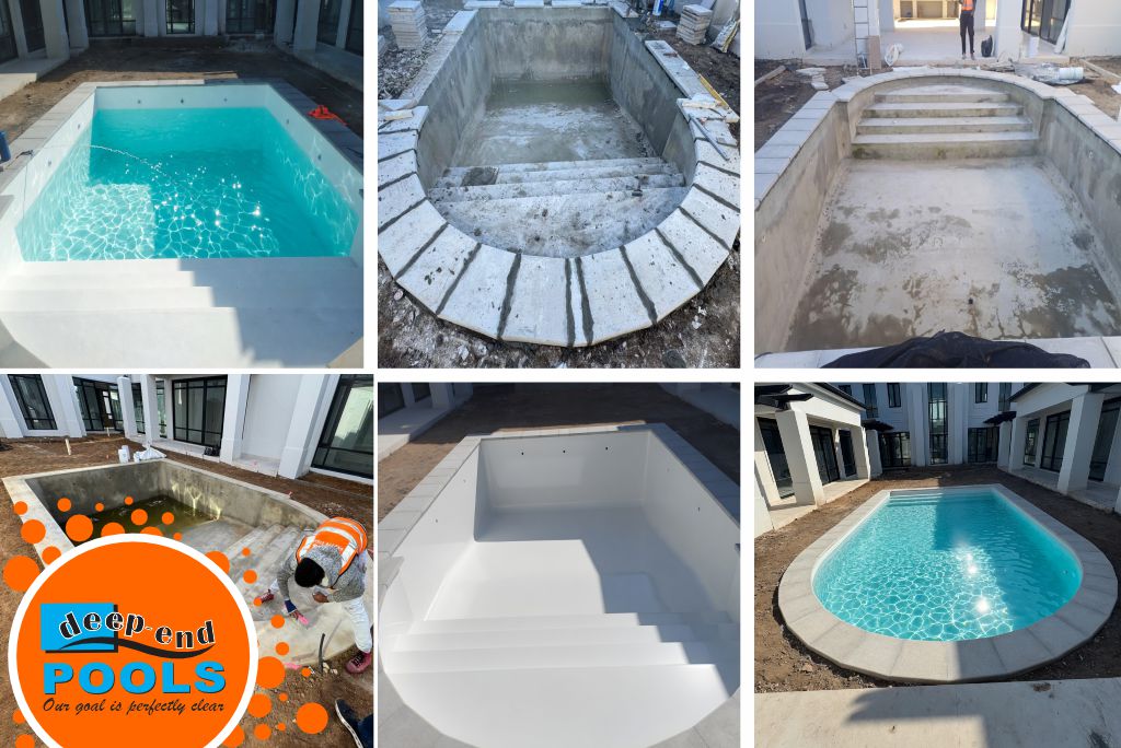 deep-end-pools-pool-building-construction-process-collage-pearl-valley. Deep End Pools custom pool building process collage β from concrete shell and fiberglass application to stunning completed crystal clear luxury pool at Pearl Valley Golf Estate, Paarl. Trusted custom pool builders in the Winelands.
