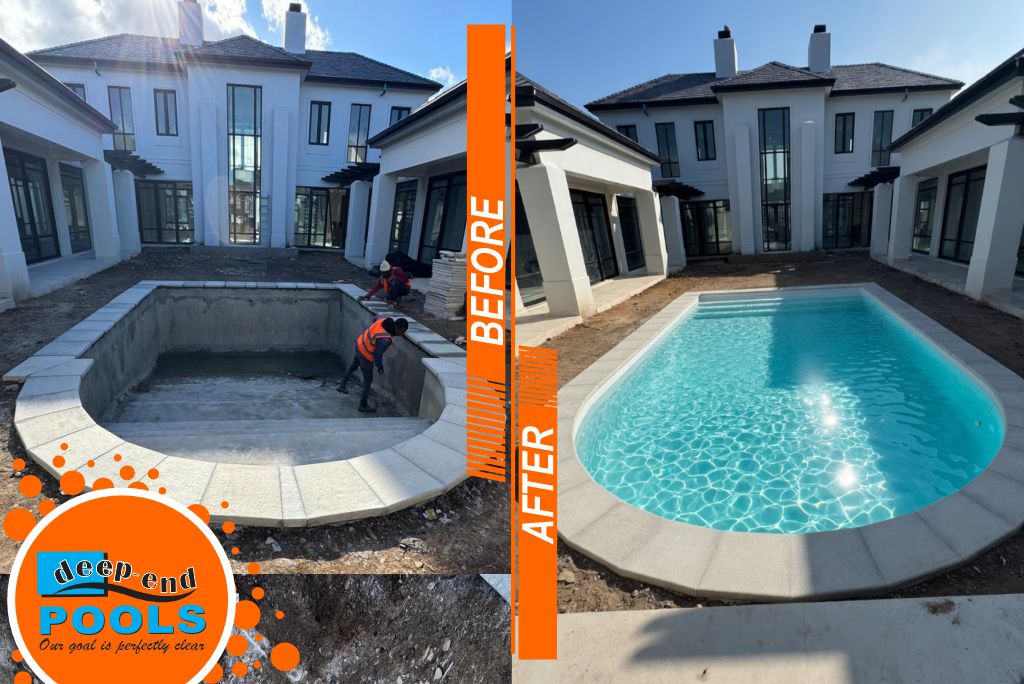 pearl-valley-fiberglass-pool-before-and-after-transformation-deep-end-pools Before and After luxury fiberglass pool transformation at Pearl Valley Golf Estate, Paarl. From raw concrete shell during construction to stunning crystal clear custom pool by Deep End Pools β trusted custom pool builders in the Winelands