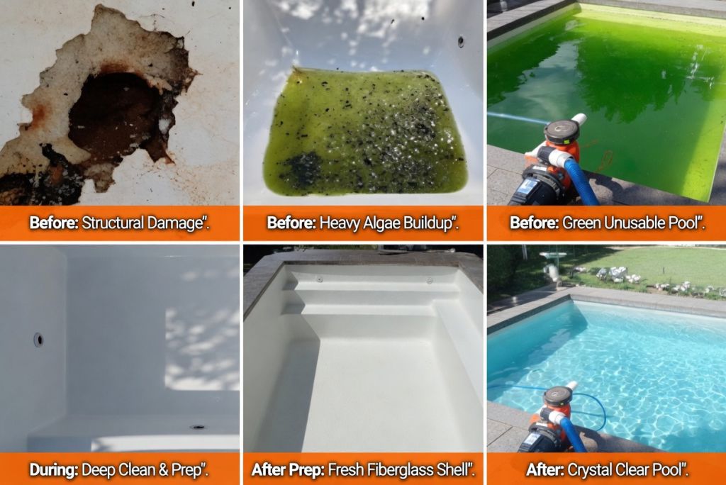 val-de-vie-fiberglass-pool-restoration-before-during-after-collage-deep-end-pool Val de Vie Fiberglass Pool Restoration Before, During and After collage by Deep End Pools Paarl – Structural damage, heavy algae, green unusable pool, deep clean & prep, fresh fiberglass shell, and final crystal clear restored pool