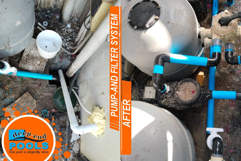 Deep-End-Pools-commercial-pools-filter-pump-upgrade-during-before-after Professionally installed commercial pool pump, sand filter, and multi-port valve system after upgrade by Deep-End Pools