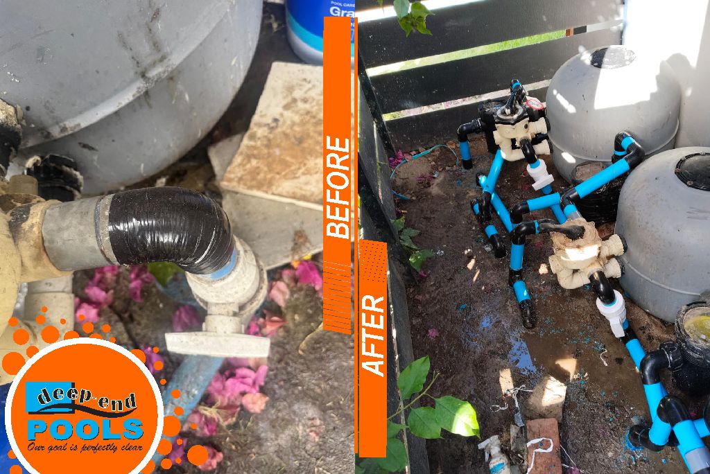 Deep-End-Pools-commercial-pools-filtration-upgrade-during-before-after_1 Before and After commercial pool sand filter and plumbing upgrade by Deep-End Pools – professional renovation showing improved filtration system and cleaner setup for better water circulation