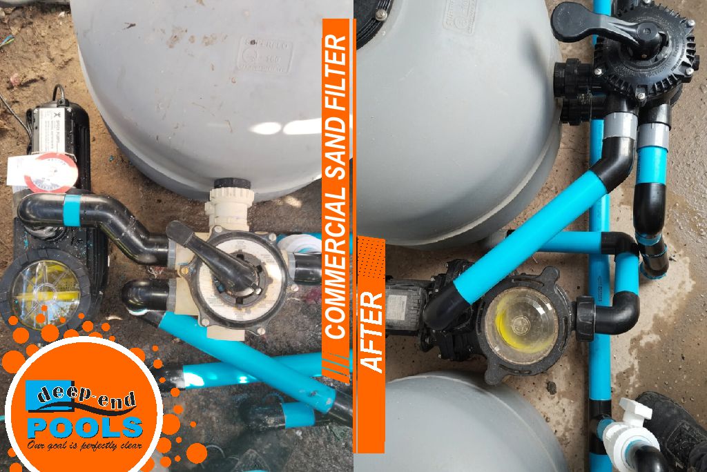 Deep-End-Pools-commercial-pools-filtration-upgrade-during-clean After view of the professionally installed sand filter, pump, and multi-port valve system during commercial pool filtration upgrade by Deep-End Pools