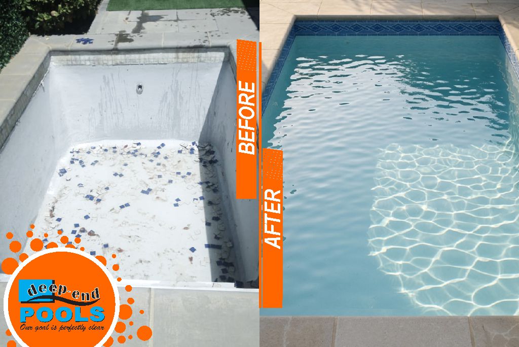 deep-end-pools-before-after-val-de-vie-area-small-fibreglass-pool-refibreglassing Empty fibreglass pool shell during surface preparation and cleaning stage for premium refibreglassing at Val de Vie Estate by Deep-End Pools