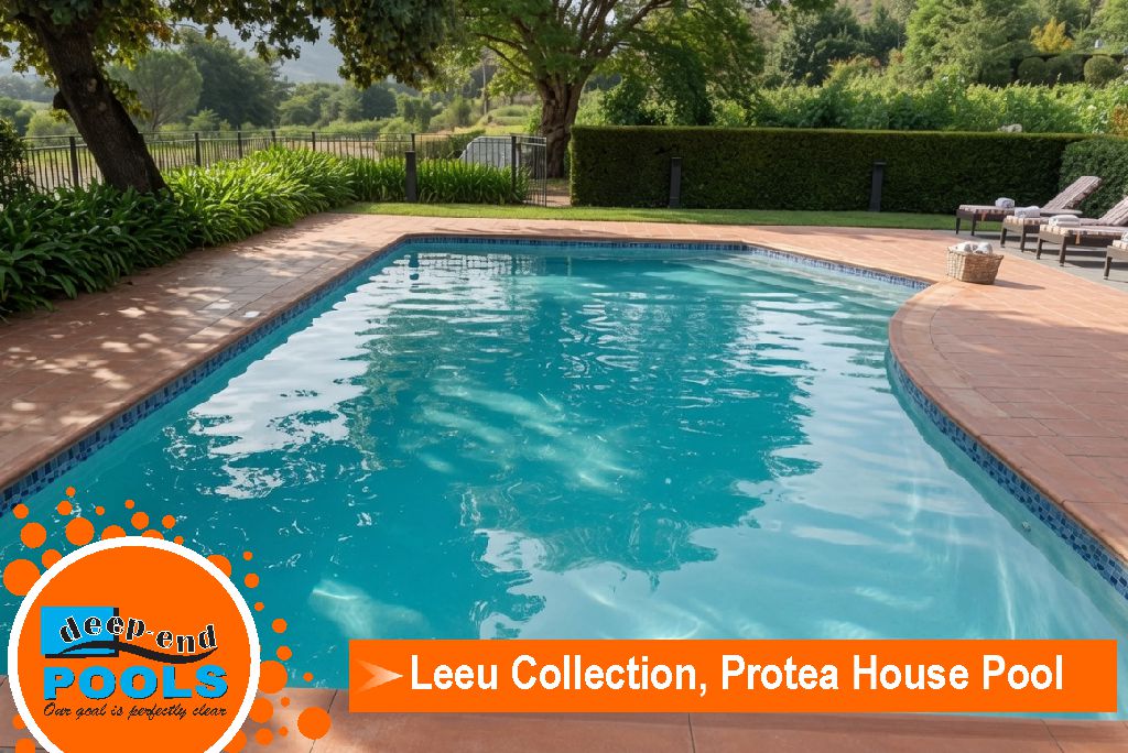 deep-end-pools-leeu-collection-protea-house-pool-luxurious-crystal-clear Luxurious resort-style Protea House pool with crystal clear blue water at Leeu Collection, professionally maintained by Deep-End Pools for a flawless high-end appearance.