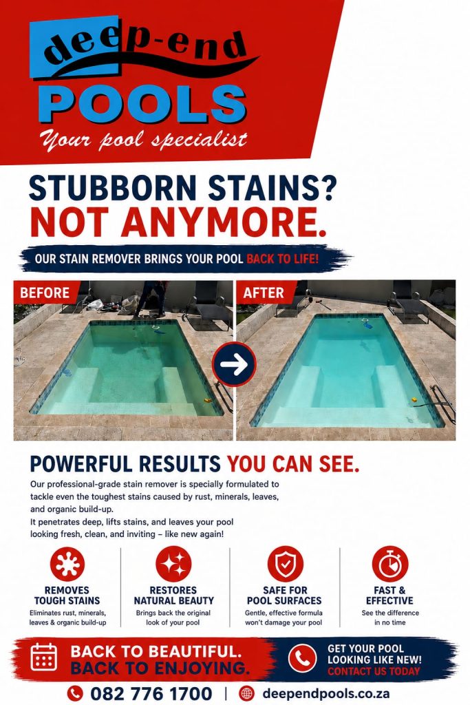 Before and After pool stain removal by Deep-End Pools – stubborn stains removed with professional stain remover. Pool restored to crystal clear condition