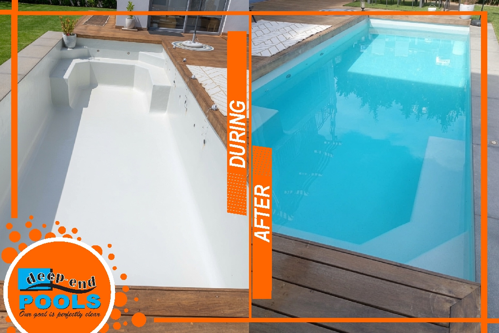 deep-end-pools-val-de-vie-fibreglass-pool-during-and-after-refibreglassing During and After luxury fibreglass pool refibreglassing at Val de Vie Estate by Deep-End Pools β from white base coat to crystal clear finished pool