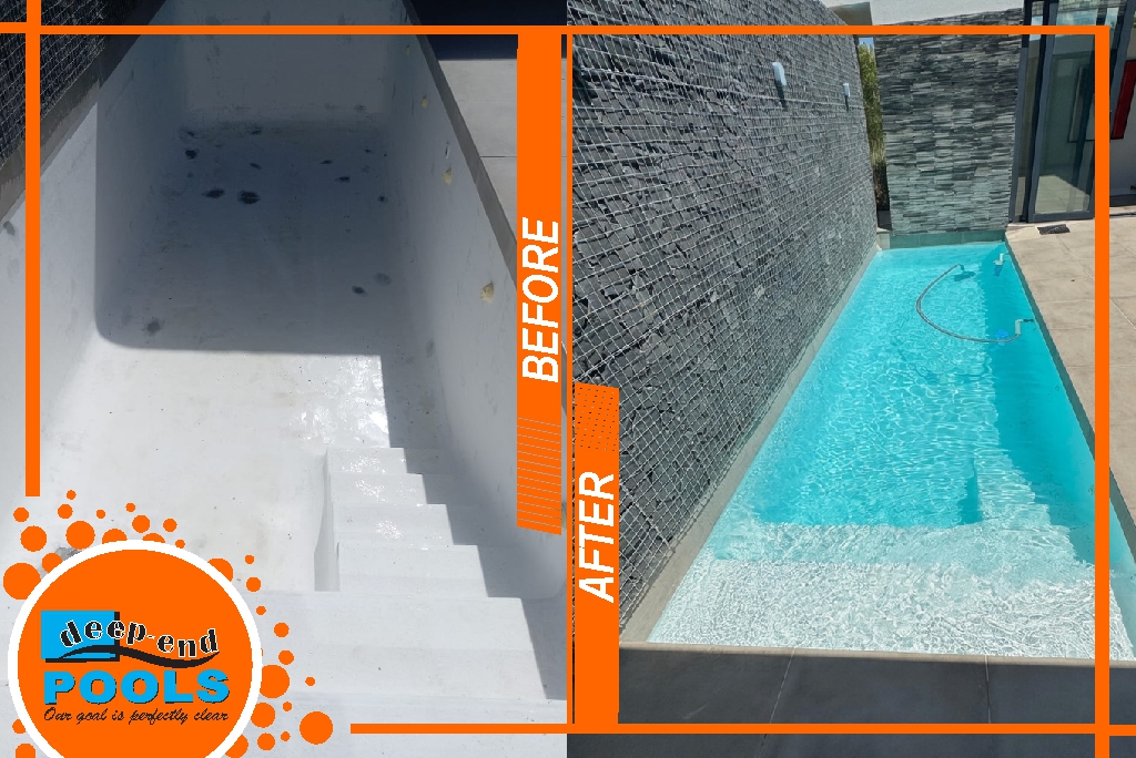 deepend-pools-pearl-valley-fibreglass-pool-completed-resurfacing-with-crystal-clear-water Stunning long fibreglass swimming pool with crystal clear turquoise water after premium resurfacing at Pearl Valley by Deep-End Pools
