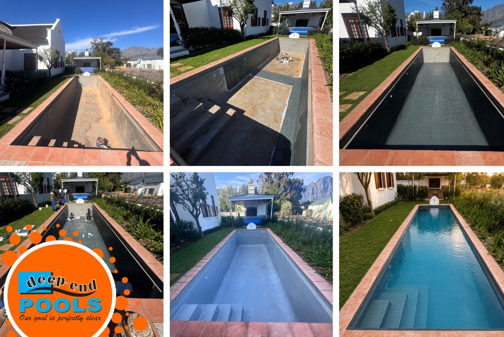 Deep-End-pools-swimming-pool-renovation-process-deep-end-pools Deep End Pools six-panel photo grid documenting the step-by-step renovation process of a long, rectangular lap pool by Deep End Pools. The sequence shows the pool's transformation from an empty, weathered concrete shell with dirt and stains, through various stages of resurfacing, lining, and waterproofing, to the final panel where it is filled with clear, blue water. The pool is situated in a backyard lawn between a white residential house and lush garden borders, with mountains visible in the background. A circular orange and blue company logo is overlaid in the bottom-left corner.
