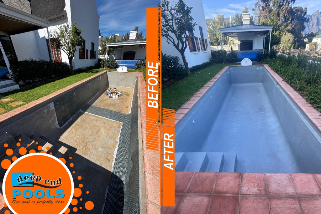 deep-end-pools-la-ferm-chantelle-mosaic-pool-before-and-after A before-and-after comparison of a rectangular swimming pool renovation in a residential backyard. The left side shows an empty pool shell in a rough, unfinished state with exposed dirt, plaster patches, and wire mesh. The right side features the finished pool with a smooth, uniform light-grey lining and integrated steps. A vertical orange divider separates the halves with the text "BEFORE" and "AFTER," while a company logo for "Deep End Pools" is positioned in the bottom-left corner.