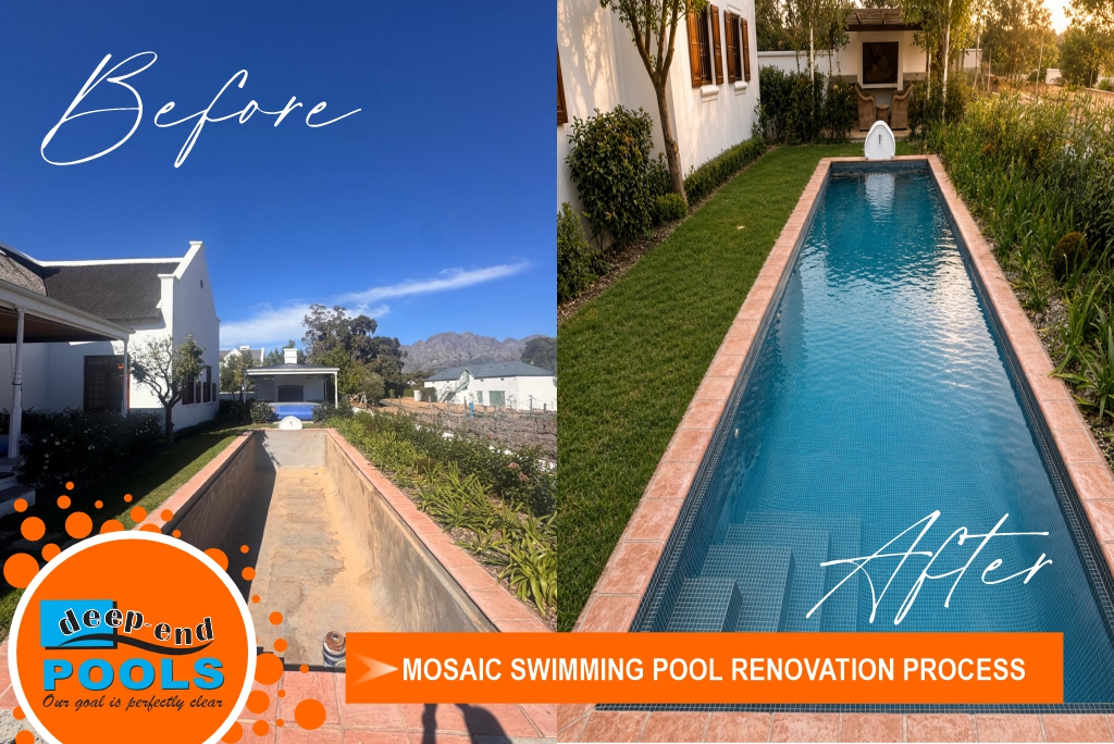 deep-end-pools-mosaic-swimming-pool-renovation-before-after • A before and after comparison of a mosaic swimming pool renovation project by Deep End Pools. The "Before" image shows an empty, weathered concrete lap pool shell in a backyard. The "After" image shows the completed transformation with sparkling blue water, dark blue mosaic tile lining, and refreshed coping stones.