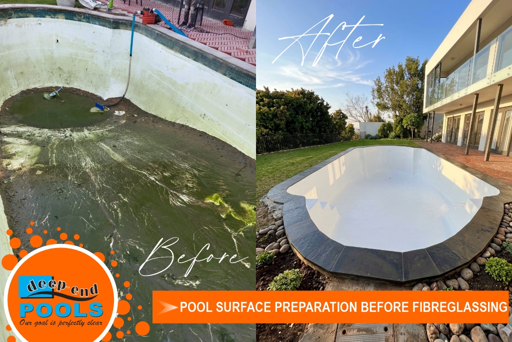 deep-end-pools-paarl-before-after-fibreglassing-at-Non-Pareille A side-by-side comparison graphic showcasing a swimming pool renovation project. • On the left side, the image shows the "before" state: a neglected, dirty swimming pool filled with dark green, algae-covered water and debris. A vibrant orange and blue circular logo is overlaid in the bottom left corner. • On the right side, the image shows the "after" state: a clean, professionally renovated empty pool shell with a smooth white interior. The pool is surrounded by dark stone coping, neat landscaping rocks, and a green lawn, set against a modern double-story white house under a clear, warm sunny sky.