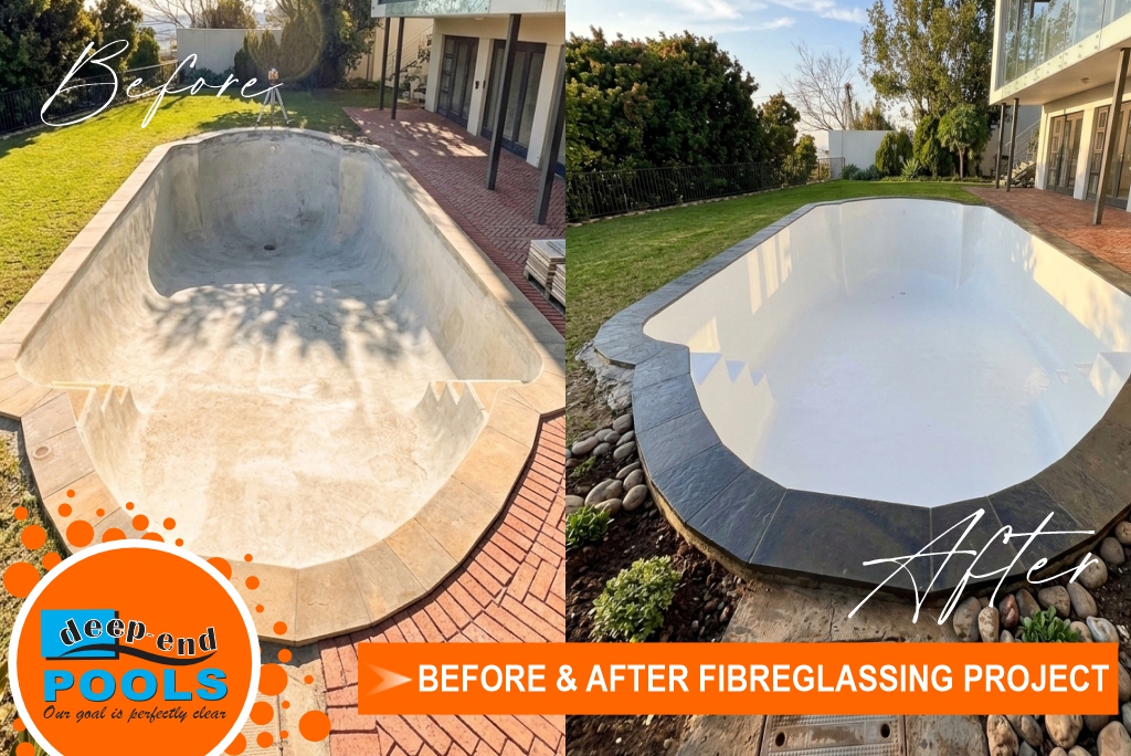 deep-end-pools-swimming-pool-fibreglass-renovation-before-after-case-study Before and after comparison of a residential swimming pool fibreglassing renovation project. The left side shows the unfinished concrete pool shell prep work, and the right side displays the completed bright white fiberglass lining with dark stone coping and new landscaping. Includes the company logo and a banner reading "Before & After Fibreglassing Project".